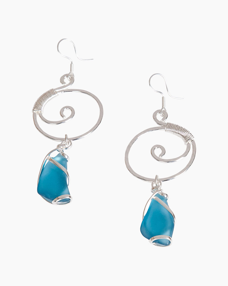 Aqua Blue Beaded Silver Fish Hook Wire Drop Earrings 