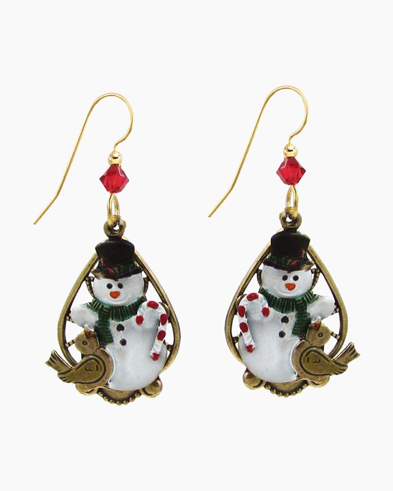 Snowman and Bird Holiday Drop Earrings in Gold