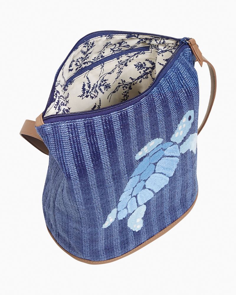 Vera Bradley Straw Bucket Crossbody Bag in Regatta Turtle Blue