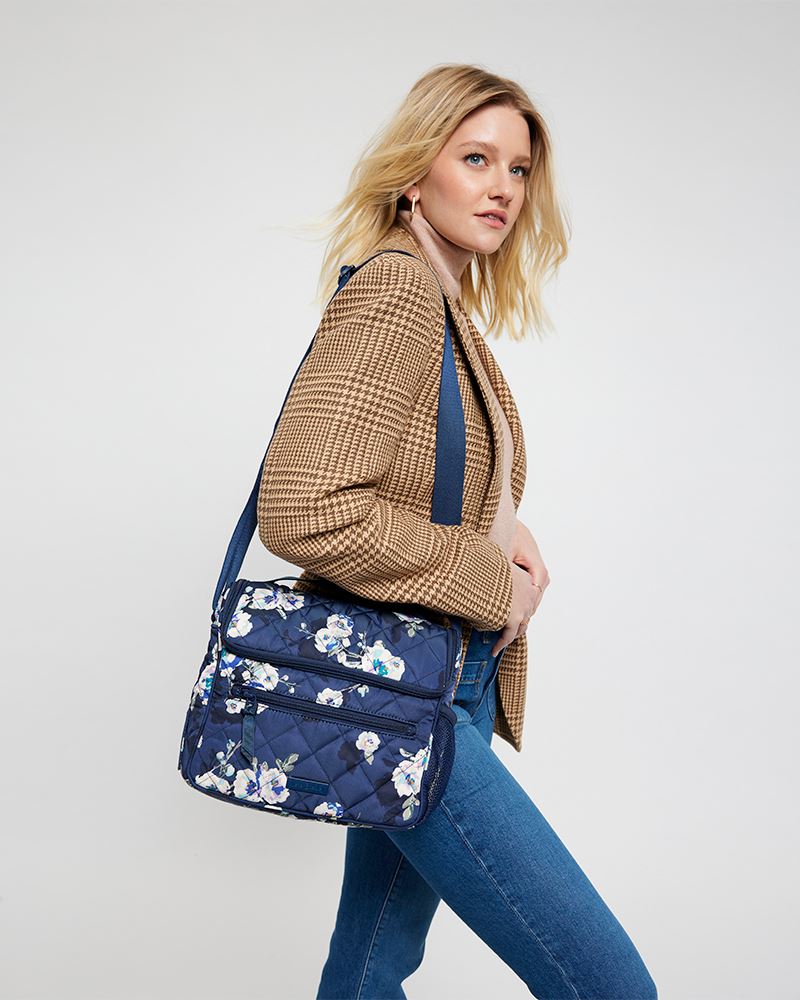Triple Compartment Crossbody in Blooms and Branches Navy