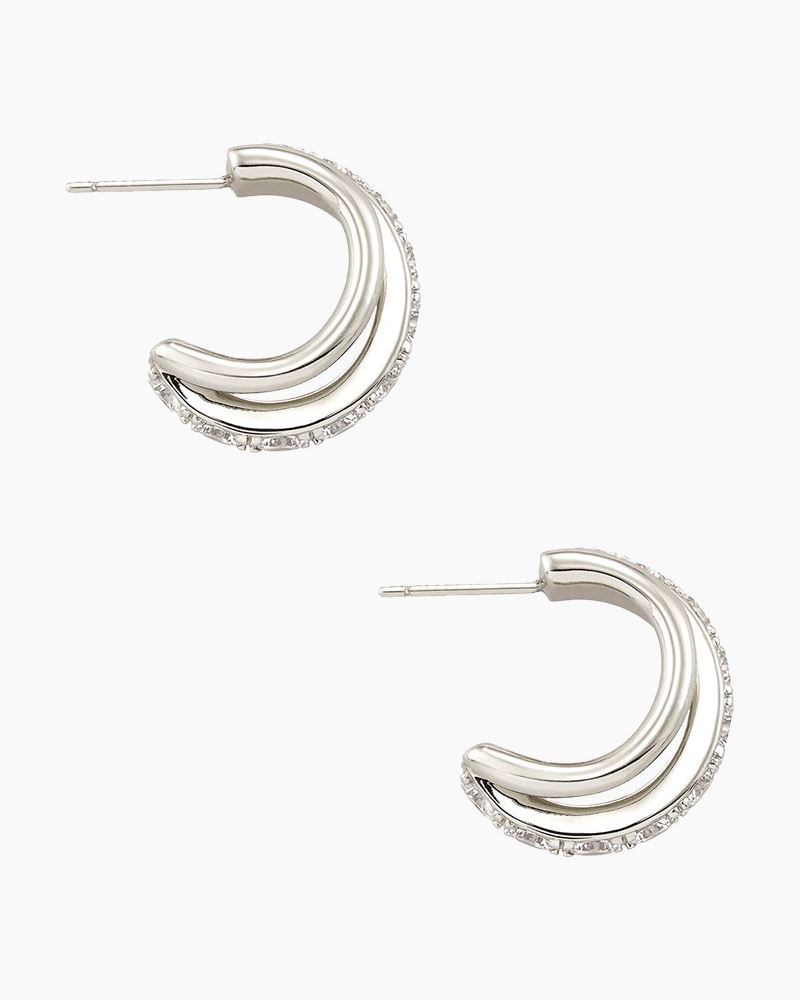 Livy Silver Huggie Earrings in White Crystal