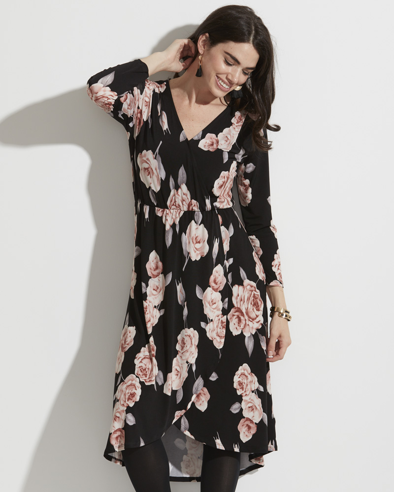 Exclusive Floral Wrap Front Midi Dress in Black