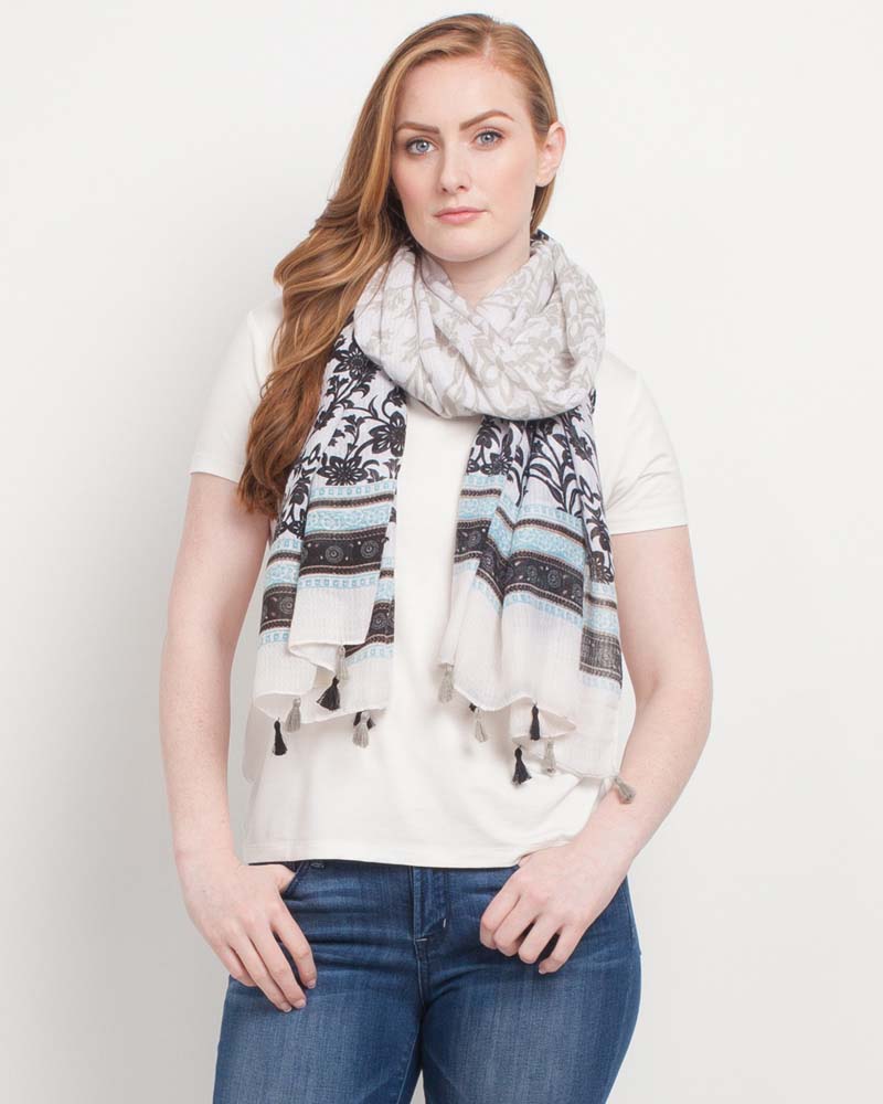 Exclusive Floral Border Print Scarf in Black and White