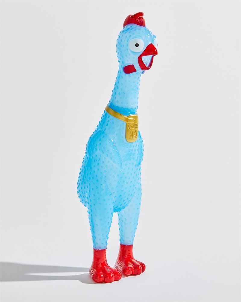 blue rubber chicken dog toy