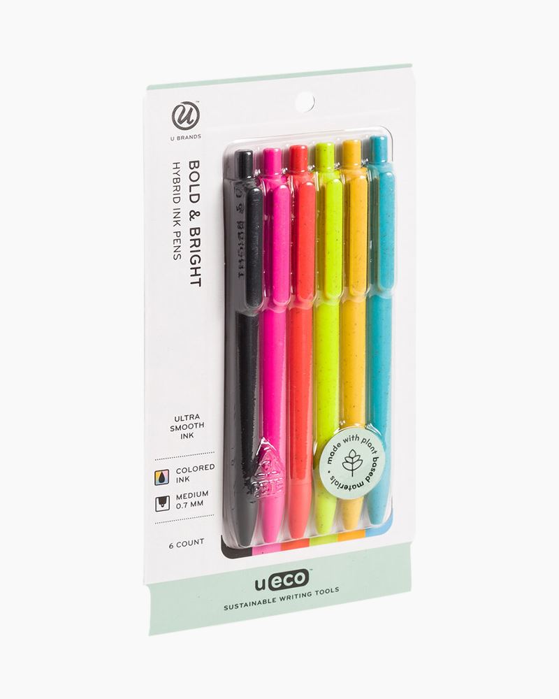 U-Eco Hybrid Ink Bright & Bold Color Ballpoint Pens, Set of 6