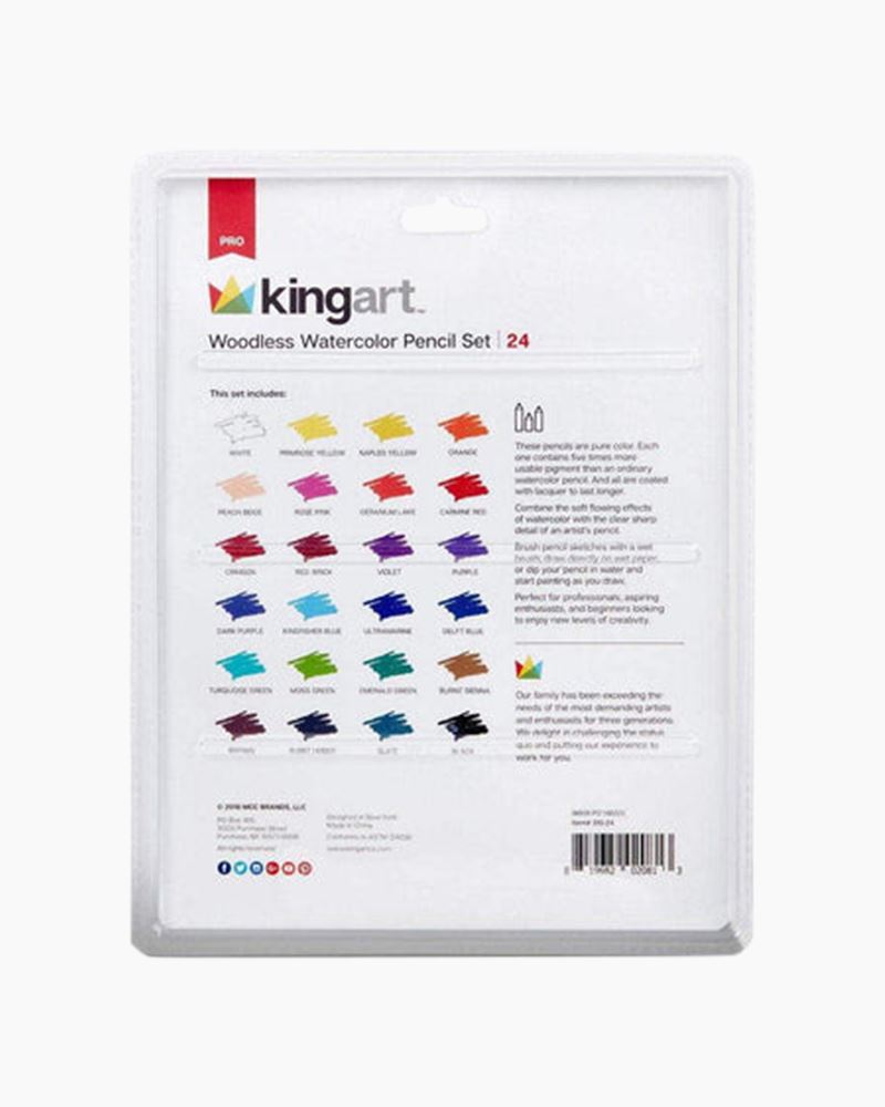 KINGART® PRO Watercolor Pencils, 100% Woodless, Wet or Dry Media,  Multi-Colored Water-Based Crayons, Set of 24 Unique Colors