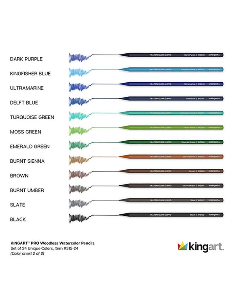 KINGART® PRO Watercolor Pencils, 100% Woodless, Wet or Dry Media,  Multi-Colored Water-Based Crayons, Set of 24 Unique Colors