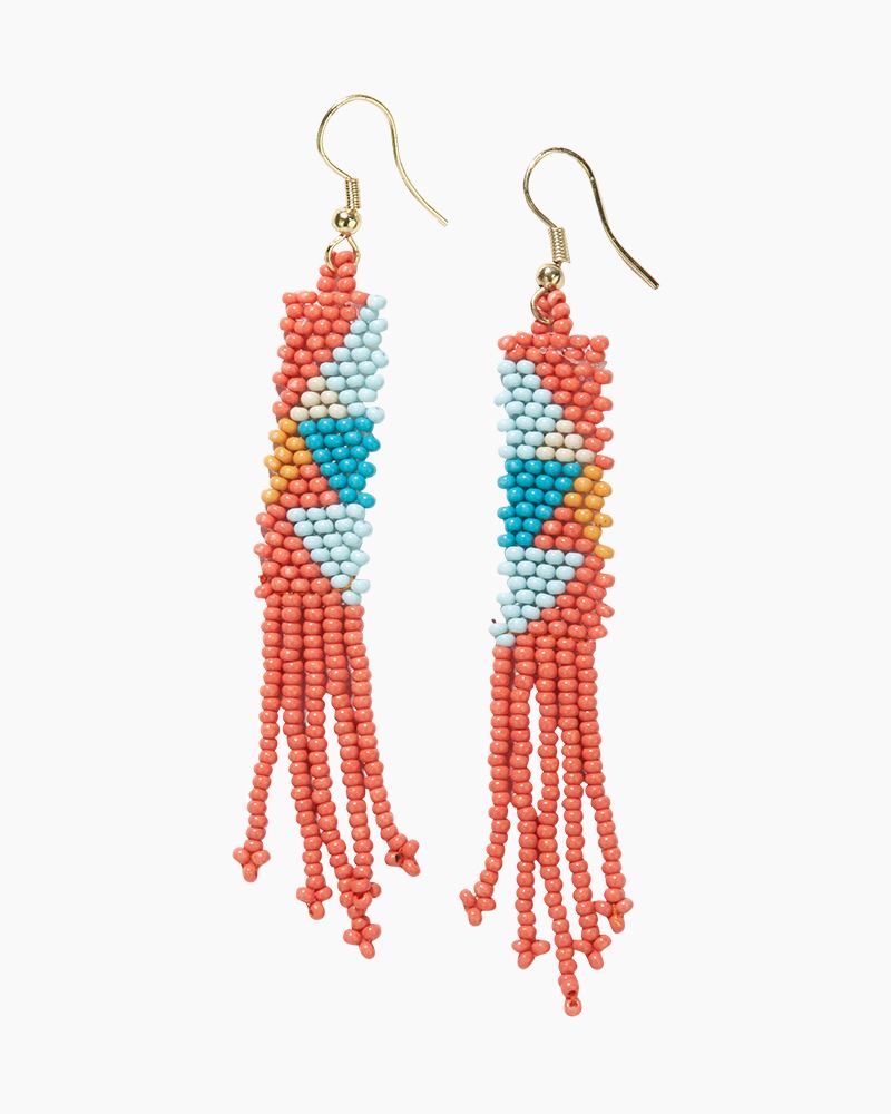 INK+ALLOY Brittany Mixed Triangles Beaded Fringe Earrings Greens + Rust