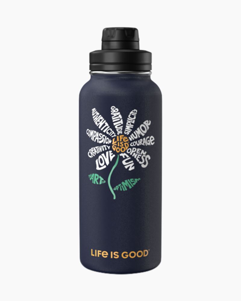 Life Is Good Stainless Steel Water Bottle 32 Oz Wide Mouth Stickers Flowers  New