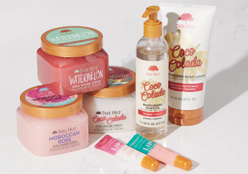 Image of Tree Hut body scrub, moisturizing body lotion, moisturizing shave oil, and lip butter. Beauty and Spa- Shop Now