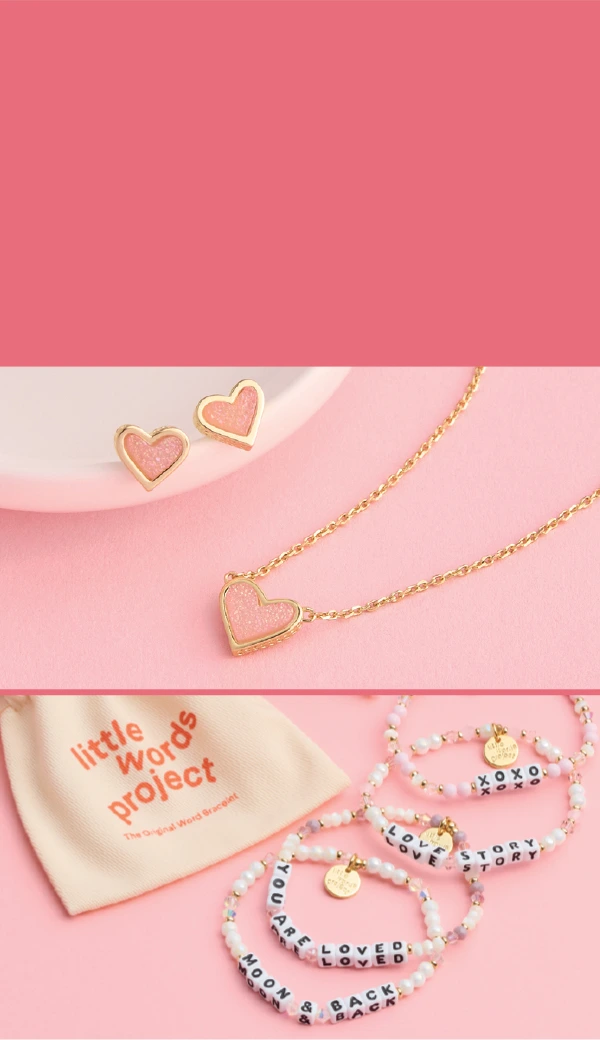 Image of heart necklace on gold chain above an image of 4 Little Words Project bracelets with beads saying Moon & Back, You are Loved, Love Story, XOXO.
You bring the sparkle... They make it Shine- Shop Jewelry
Image of woman wearing Kendra Scott valentines heart necklace opening a jewelry box